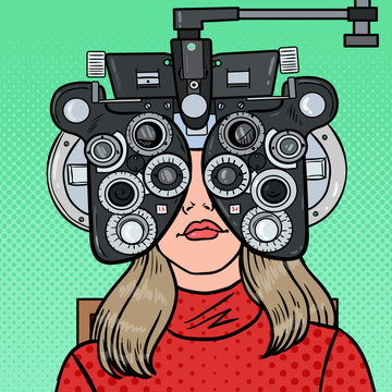 Pop Art Woman Patient at Optometric Clinic with Optical Phoropter. Eye Exam. Vector illustration