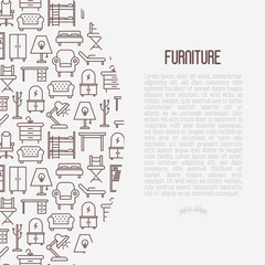 Furniture concept with thin line icons of coach, bookcase, bed,  dresser, chair, lamp, floor hanger. Modern vector illustration for banner, web page, print media.