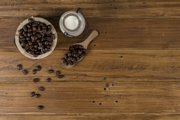 Coffee bean grain ,bottle of milk and sack fabrice board on brown wood table background , include copyspace for add text or graphic in advertise or marketing content