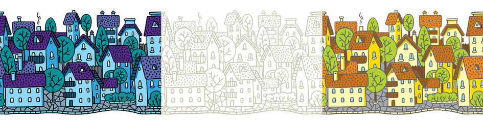 City seamless pattern set with houses and roofs