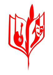 Logo with silhouettes of a book, a goose feather, a palette and a mask.