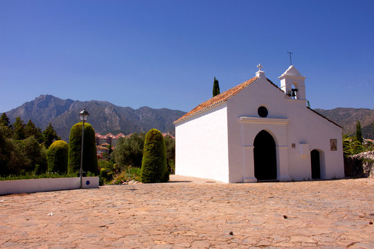 Church. Little white church in Marbella city. Costa del Sol, Andalusia, Spain.