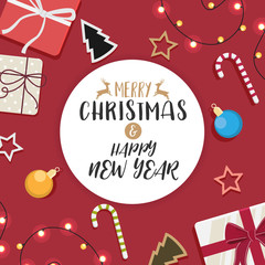 Christmas and happy new year and decorated ball gift in background red. illustration Vector