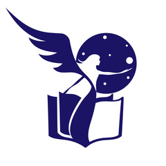 Female silhouette with a wing on the background of the book and disc of the night sky.