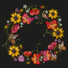 Embroidery wreath of flowers. Fashion template for clothes, textiles, t-shirt design. Classical embroidery red roses, peonies, sunflowers, butterflies