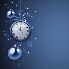 Fototapeta na wymiar 2017 New Year background with clock and blue balls.