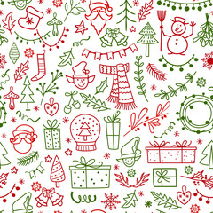 Christmas design element in doodle style pattern. Traditional winter holiday hand drawn icons in red and green colors seamless background.Seasonal vector illustration