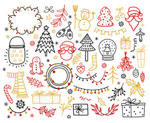 Big set of Christmas design element in doodle style. Winter holiday vector illustration