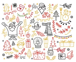 Poster Big set of Christmas design element in doodle style. Winter holiday vector illustration © teirin