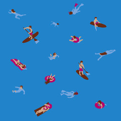 Vector Illustration of people swimming in sea. Seamless pattern / background / texture. Characters set.