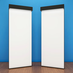 Template of illuminated advertising stands on wooden floor. 3D rendering