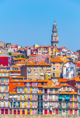 aerial view of porto dominated by torre dos clerigos tower, Portugal. - obrazy, fototapety, plakaty
