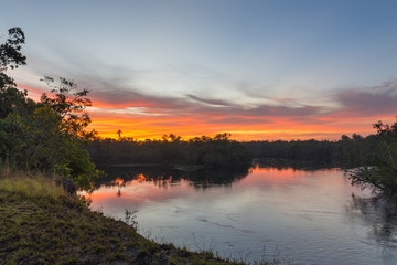 Beautiful sunrise on the Autana river, in the amazonian jungle, in Venezuela