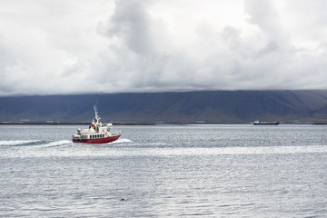 view of boat in Atlantic ocean from Reykjavik city