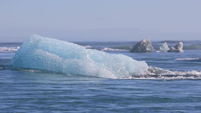 Chunks of ice drifting out to the North Atlantic Ocean near the Jokulsarlon glacial lagoon, Iceland
