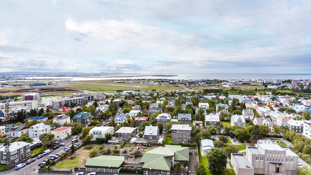 Sticker aerial view of Reykjavik city in autumn