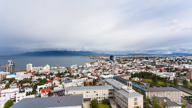 aerial view of Reykjavik city and Atlantic ocean