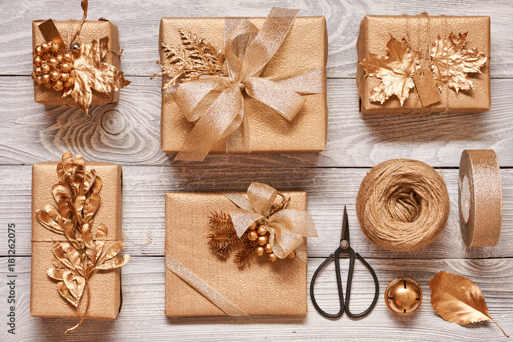 Sticker christmas presents on wooden background