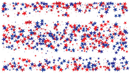 American national colors square vector background, festive pattern with flying, falling red, blue, white stars in colors of the United States' flag. Independence Day banner, bright star dust confetti