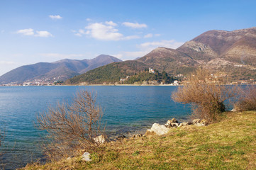 Fototapeta na wymiar Bay of Kotor (Adriatic Sea) near Verige Strait on a sunny winter day. Montenegro