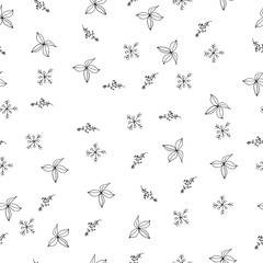 Snowflake simple seamless pattern. Black snow on white background. Abstract wallpaper, wrapping decoration. Symbol of winter, Merry Christmas holiday, Happy New Year celebration illustration