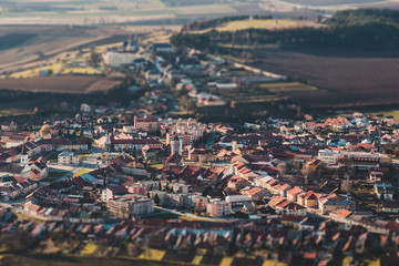 Panorama of a small old European town, tilt shift effect