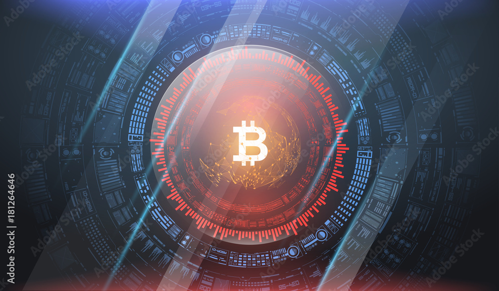 Poster bitcoin technology abstract visualization. futuristic aesthetic design. bitcoin background with hud 