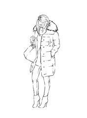 Stylish girl in a trendy winter coat, boots and with a bag. Vector illustration. Fashion skatech. Clothes and accessories.