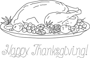 Hand drawn vector illustration grilled turkey on plate Happy Thanksgiving greeting coloring page template