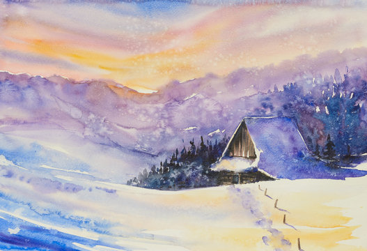 Wooden house in winter mountains. Picture created with watercolors.