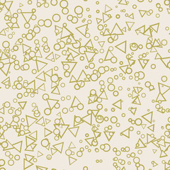 Abstract seamless pattern with chaotic small circles, triangles, rings on beige. Infinity messy geometric pattern. Memphis style. Vector illustration. 