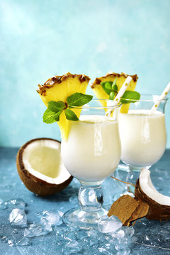Traditional caribbean cocktail pina colada in a glasses.