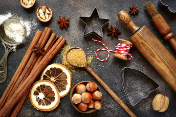 Christmas background with fir branches.Top view .