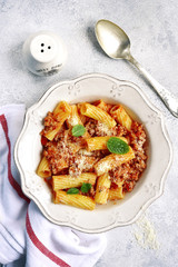 Rigatoni with meat sauce.Top view.