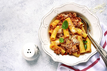 Rigatoni with meat sauce.Top view.