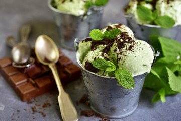 Homemade mint ice cream with chocolate.