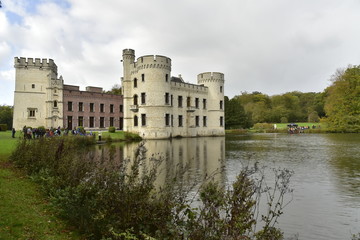 Fototapeta na wymiar Le château de Bouchout sous un ciel gris baignant dans l'étang principal du Jardin Botanique National de Belgique à Meise