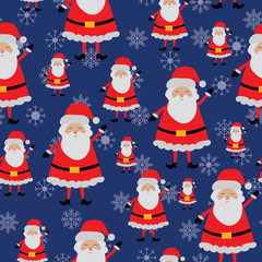 Santa and snowflakes on blue background seamless pattern