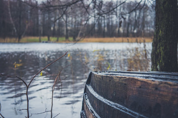 Boat on the river, lake. A boat with oars.