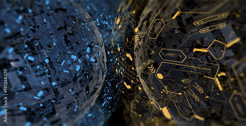 Poster abstract background with geometric shape. hi-tech object with futuristic hud elements. 3d render pic