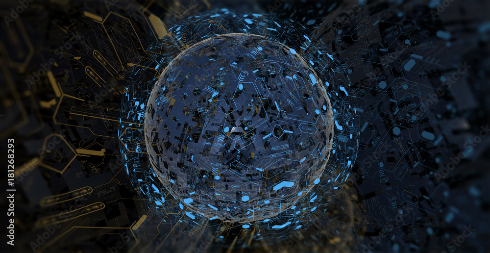 Poster abstract background with geometric shape. hi-tech object with futuristic hud elements. 3d render pic
