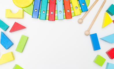 Wooden educational toys on a white background. Mockup