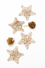 Golden sprouts and fir cones on a white background. Vertical
