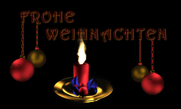 Christbaumkugeln mit Text Frohe Weihnachten in deutsch und brennender Kerze.