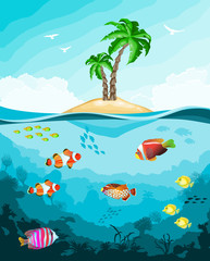 Fototapeta na wymiar Underwater world with fish and tropical island