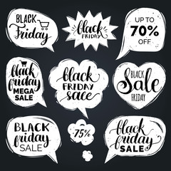 Vector set of speech bubbles with Black Friday sale phrases. Hand lettering collection for discount cards or ad posters.