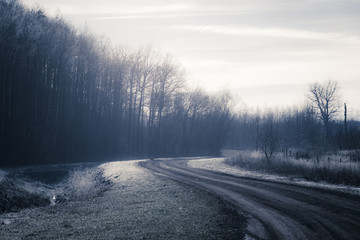 unpaved road in frozen landscape