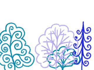 Colorful hand drawn abstract view of blue and white trees without leaves on white background, isolated illustration of forest painted by watercolor and pencil ink, high quality