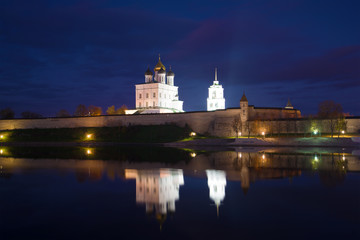 The Pskov Kremlin on the October night. Russia