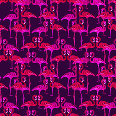 Pink flamingos standing,  seamless pattern design, hand painted watercolor illustration, dark blue background